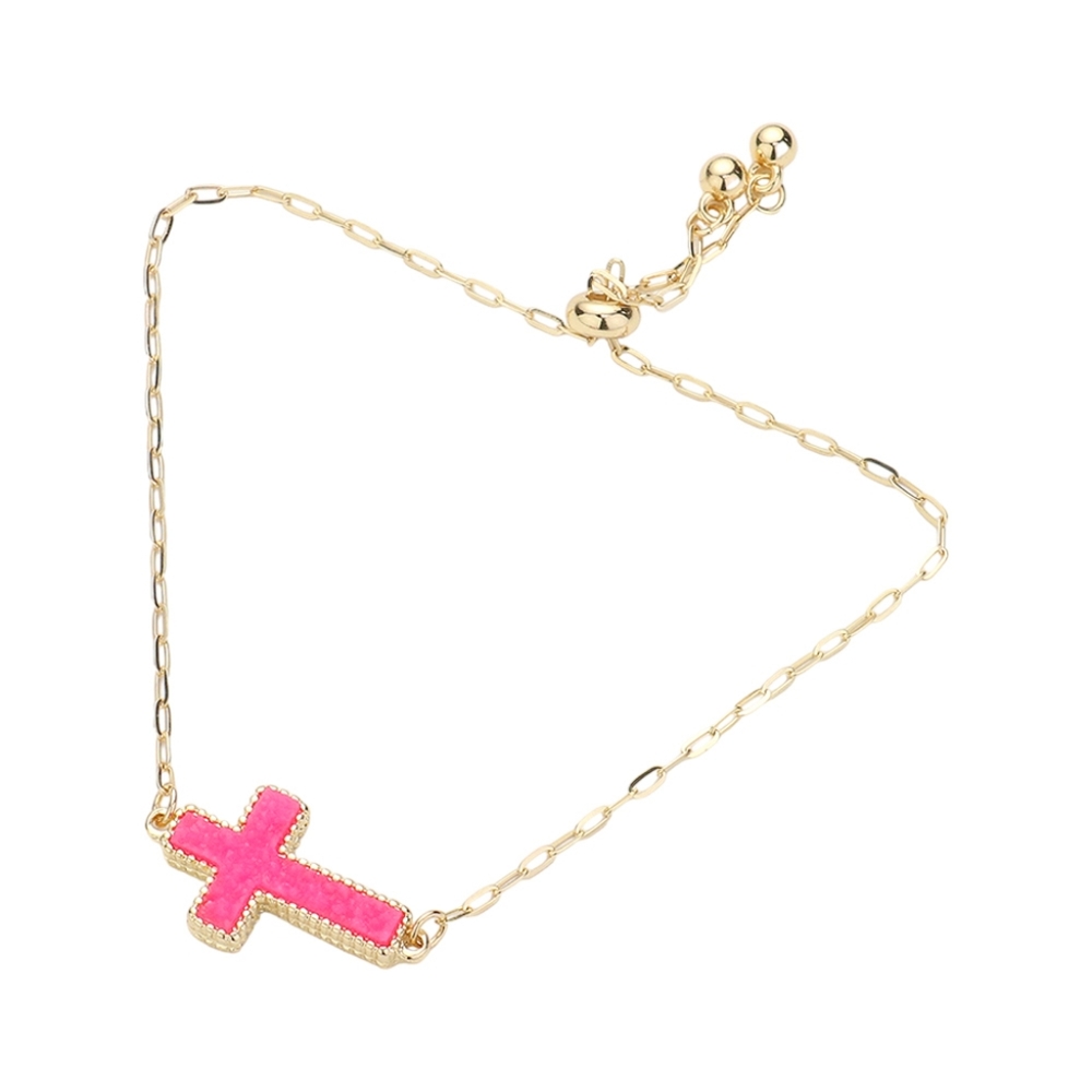 Pink Fuchsia Druzy Sideways Cross Bracelet Gold Cinch Pull Chain